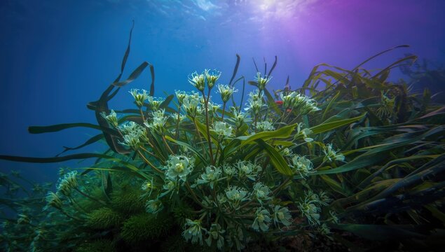 Toxic false hellbore flowers amidst dense lush greenery in a colorful underwater landscape