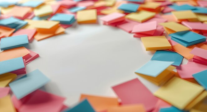 Vibrant Multicolored Sticky Notes in Pink Blue Yellow and Orange on White Background with Copy Space for Brainstorming