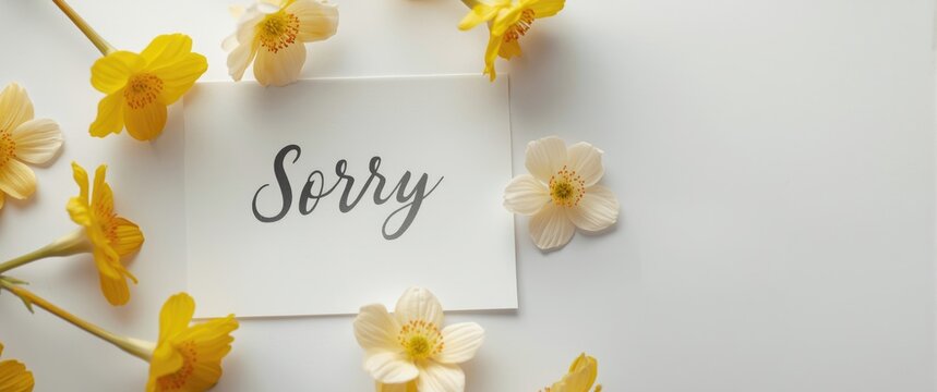 Sorry note in handwriting with vibrant yellow flowers against white backdrop