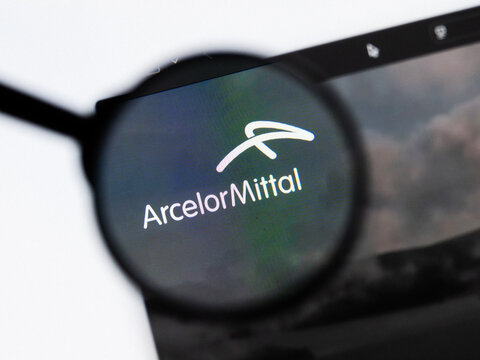Milan, Italy 2026, 20 Apr Closeup of ArcelorMittal website on a laptop screen. ArcelorMittal logo under a magnifying glass.