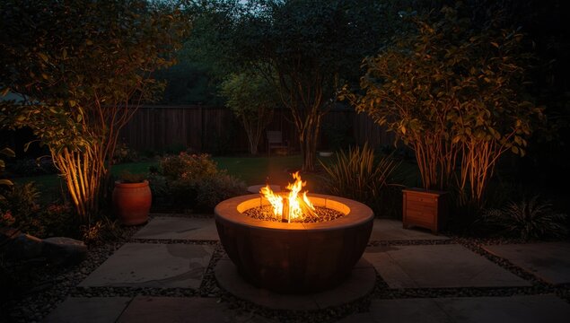 Tranquil patio zone with a glowing fire pit and soft atmospheric lighting