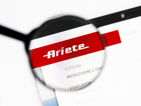 Milan, Italy 2026, 20 Apr Closeup of Ariete website on a laptop screen. Ariete logo under a magnifying glass.