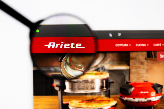 Milan, Italy 2026, 20 Apr Closeup of Ariete website on a laptop screen. Ariete logo under a magnifying glass.