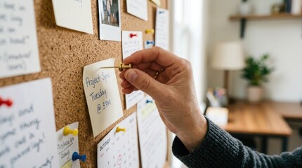 Naklejka premium A person is pinning a sticky note to a corkboard. The note reads 