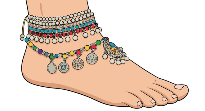 Detailed illustration of a human foot wearing multiple layers of traditional colorful anklets with beads and silver pendants in an ethnic style.