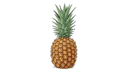 Obraz premium Detailed botanical illustration of a whole ripe pineapple with its characteristic spiky green leaves and textured yellow skin on a white background.