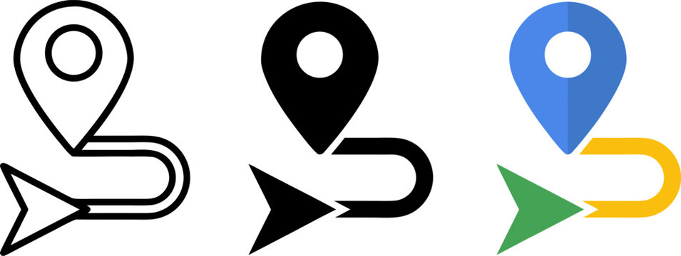 Route navigation map pin icon set showing location tracking and direction path arrow in outline solid and colorful styles for mobile application and web ui design elements for travel and delivery.