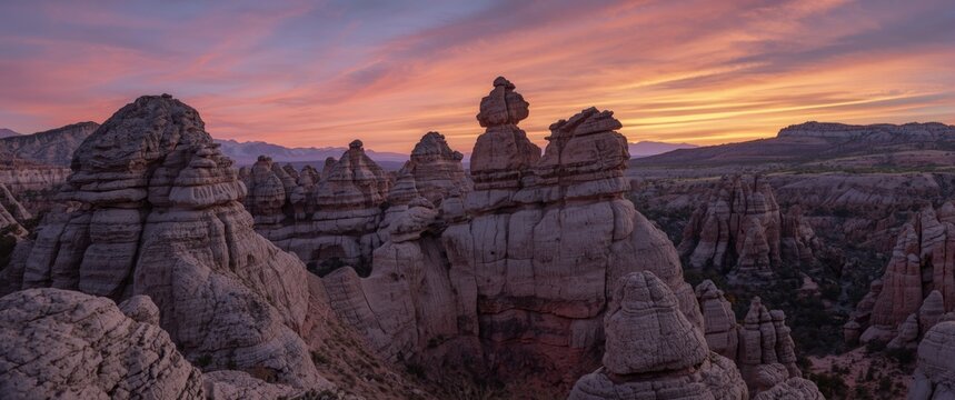Mountain scenery featuring unique rock formations under glowing sunset sky