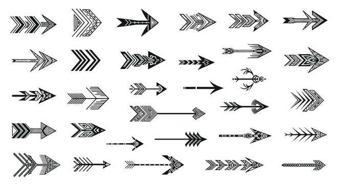 Large set of various tribal and ethnic style arrows with different geometric patterns and arrowhead designs in black ink style for graphic design.