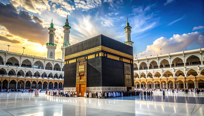 The Kaaba in Mecca during sunset, a cube-shaped building at the center of Islam's most important mosque, Masjid al-Haram, surrounded by pilgrims and architecture