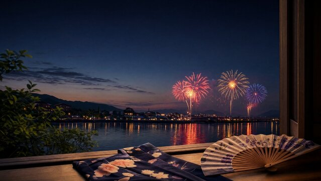 yukata. Folded fan and yukata sleeve on doorstep with fireworks over Sumida River, Tokyo summer celebration. event programs, museum guides, designed for cultural heritage projects and event programs.