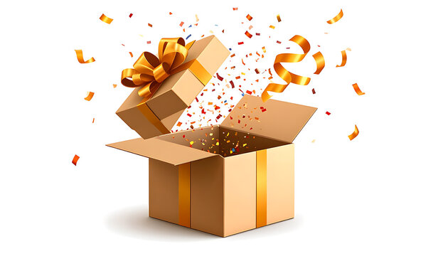 open gift box with gold ribbon and exploding colorful confetti, celebration and surprise concept