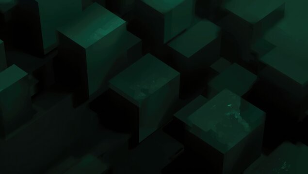 Textured background with layered green and black blur and three dimensional cubes including clear copy space