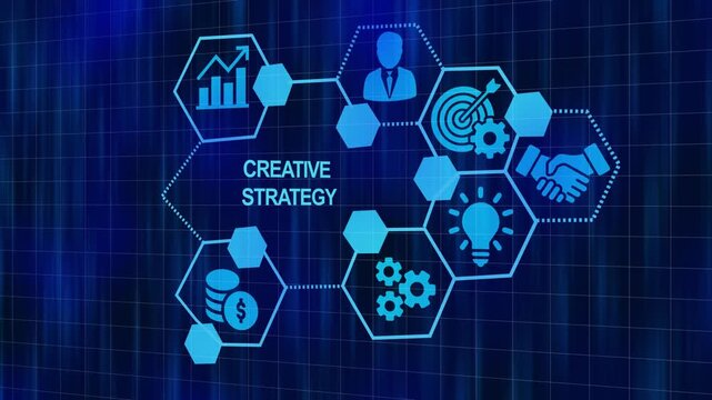 Creative strategy infographic animation with business and hexagonal network