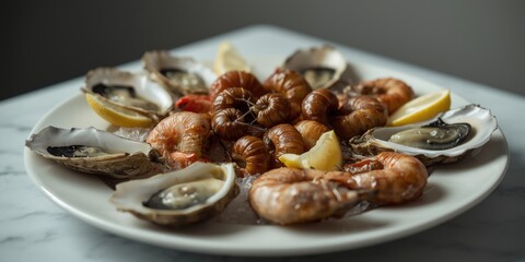 Fototapeta premium Served cold seafood plate of oysters shrimps and snails enhanced with lemon wedges