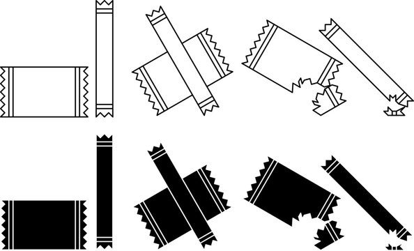 Vector sugar packet sachet icon set.outline and silhouette featuring sealed, opened, torn, folded, and empty stick pack designs