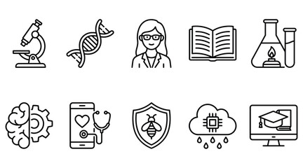 Obraz premium Set of science and technology icons, including microscope, dna, scientist, book, laboratory equipment, brain gear, mobile health, bee shield, cloud computing, and online education