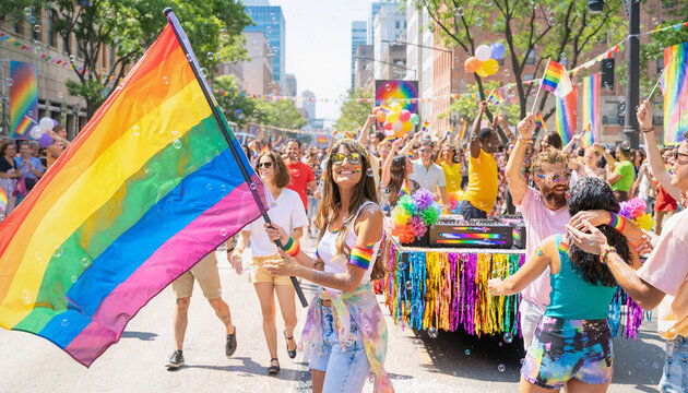 Diverse crowd celebrating Pride Month with rainbow flags in a vibrant city street