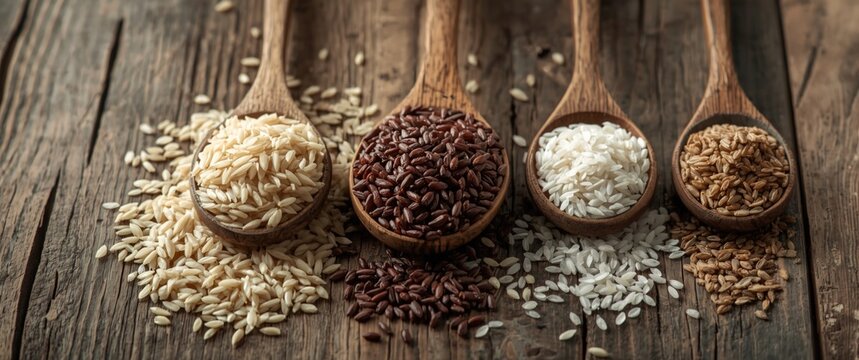 Collection of different rice types including riceberry and jasmine rice presented in wooden spoons on aged wood healthy food flat lay