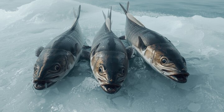 White ice surface showcasing amberjack fish with open mouths and striking eyes