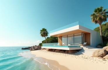 Obraz premium Modern luxury villa on sandy beach. White house has glass walls and terrace. Ocean waves lap shore near palm trees. Relaxing tropical vacation home.