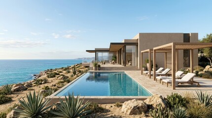 Fototapeta premium Luxury modern villa with infinity pool overlooking the ocean