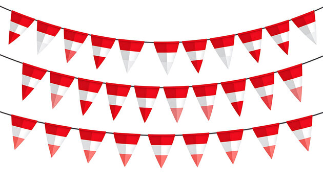 Three strings of red and white triangular bunting flags strung across a white background, festive decoration for parties and celebrations.