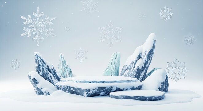 A stylized 3D rendering depicts a majestic ice throne situated on a snowy landscape. The throne is constructed from jagged, icy rock formations, with a raised platform.