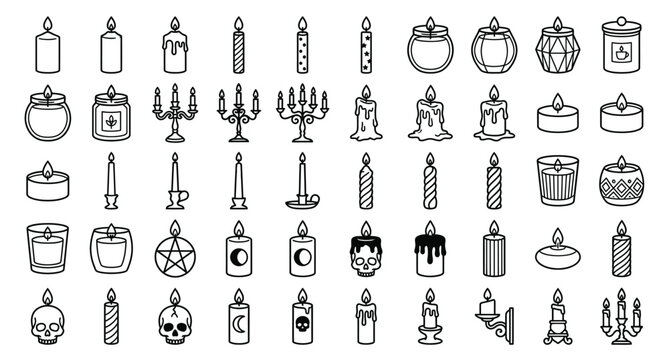 A comprehensive vector asset sheet containing a grid collection of exactly 50 unique, individual candle black outline .eps