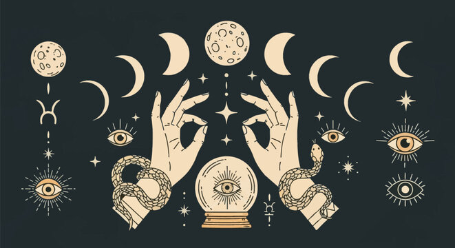 Vintage mystical illustration featuring two hands wrapped in snakes, a central crystal ball with an eye, celestial moon phases, radiant stars, and evil eye icons on a dark background.