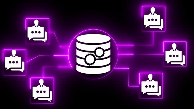 Database email. Automated mail delivery from a server. Glowing neon on the black background 4k video.