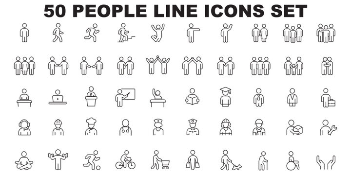 People line icons set. Person walking, running, happy man, company leader, friends hugs, team group, family minimal vector illustrations. Simple outline signs. 48x48 Pixel Perfect. Editable Stroke