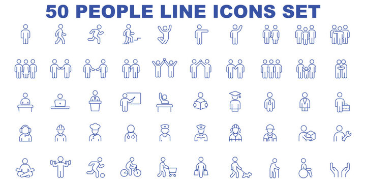 People line icons set. Person walking, running, happy man, company leader, friends hugs, team group, family minimal vector illustrations. Simple outline signs. 48x48 Pixel Perfect. Editable Stroke