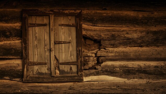 Timeworn wooden window on historical house with broken log wall