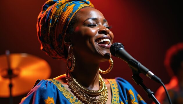 Joyful Black woman sings into microphone on stage. She wears vibrant African clothing and gold jewelry. Singer performs live music with band in background.