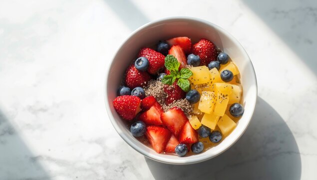 Juicy chopped fruit mixed with chia seeds and a splash of lemon juice