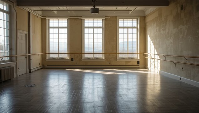 Open dance studio room with wide windows and a petite stage including copy space