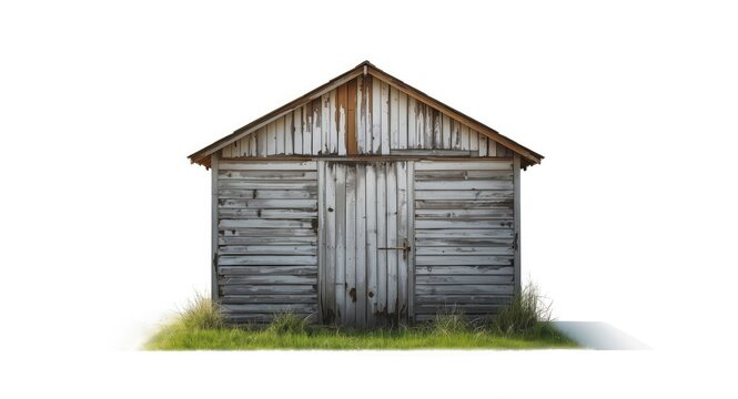 Rustic weathered shed against a bright white backdrop