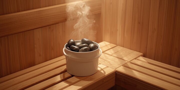 White bucket brimming with serpentinite stones in cozy sauna background