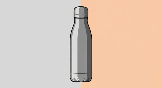 Minimalist vector illustration of a grey metal water bottle with a round cap, positioned in the center against a vertically split background of light grey and peach orange.