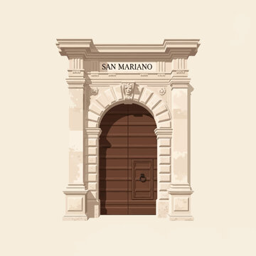 Architectural illustration of an ornate neoclassical stone entrance with an arched dark wood door, inscribed with San Mariano, featuring detailed masonry, columns, and a keystone.