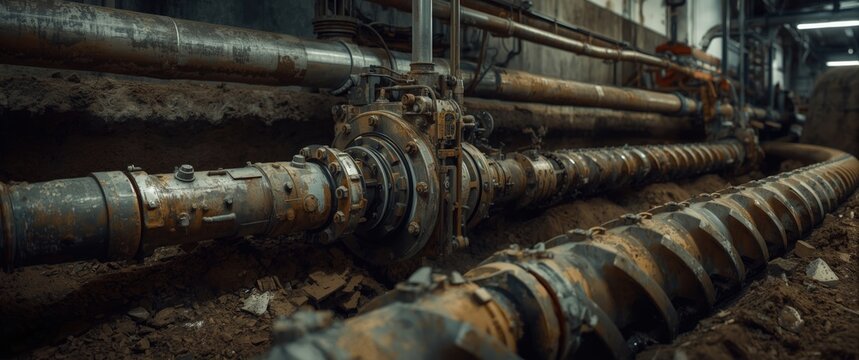 Underground pipe setup with surface drilling gear and weathered tunnel boring augers for trenchless work