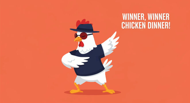 Vector illustration of a white cartoon chicken wearing a black fedora, red sunglasses, and a black t-shirt, performing a dance move on an orange background with winner text.