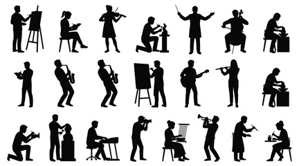 Set of silhouettes of people engaged in various creative activities, including painting, sculpting, playing musical instruments, photography, and writing © Creative SA