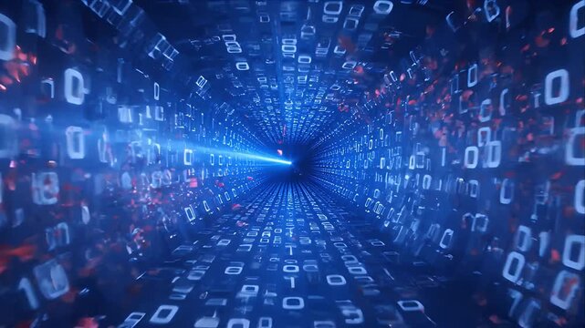 Cybersecurity futuristic data tunnel glowing binary digital corridor cyber space blue technology abstract background virtual reality light speed travel computer code network flow immersive data