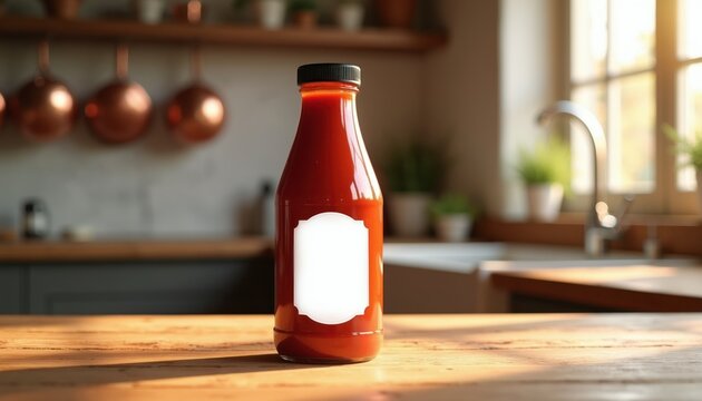 Red sauce bottle with blank label sits on wooden counter. Kitchen background includes copper pots, sink window. Perfect for food branding or recipe content.
