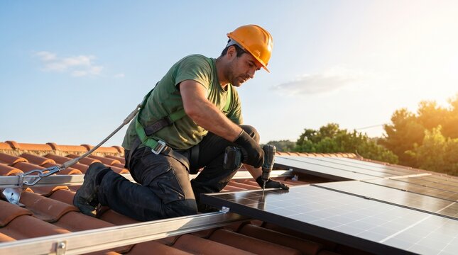 Professional Solar Panel Installer Securing Sustainable Energy Equipment on a Residential Roof