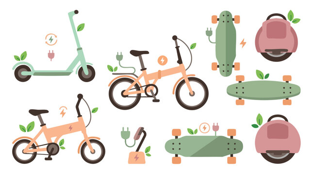 EcoFriendly Electric Transportation Set with Scooters Bikes Skateboards and Unicycles.