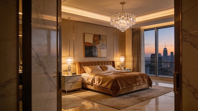 Generative AI depicts a luxurious hotel bedroom with a panoramic city view