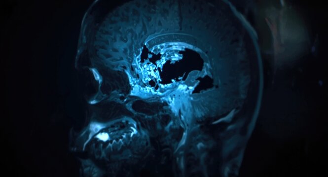 CT brain scan revealing critical skull depression fracture with left frontal parietal damage and maxillary sinus involvement